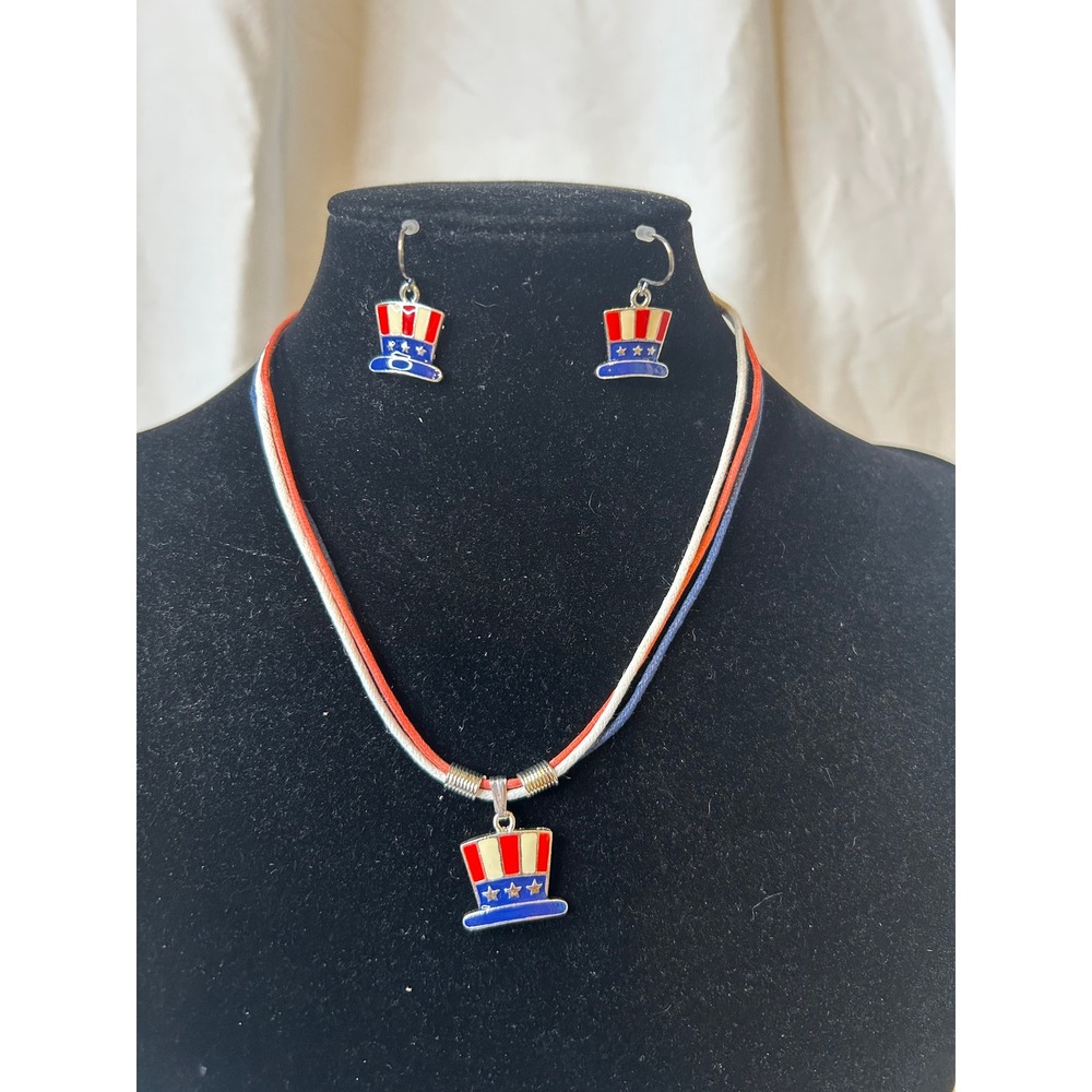 Patriotic‎ Hat Necklace and Earrings Set Red White Blue 4th of July